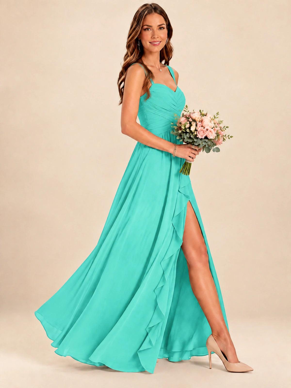 Spaghetti Straps Pleated Chiffon Bridesmaid Dress with Ruffle Slit