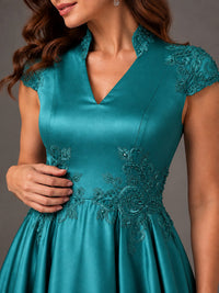 Lace Appliqué A-Line Satin Maxi Dress