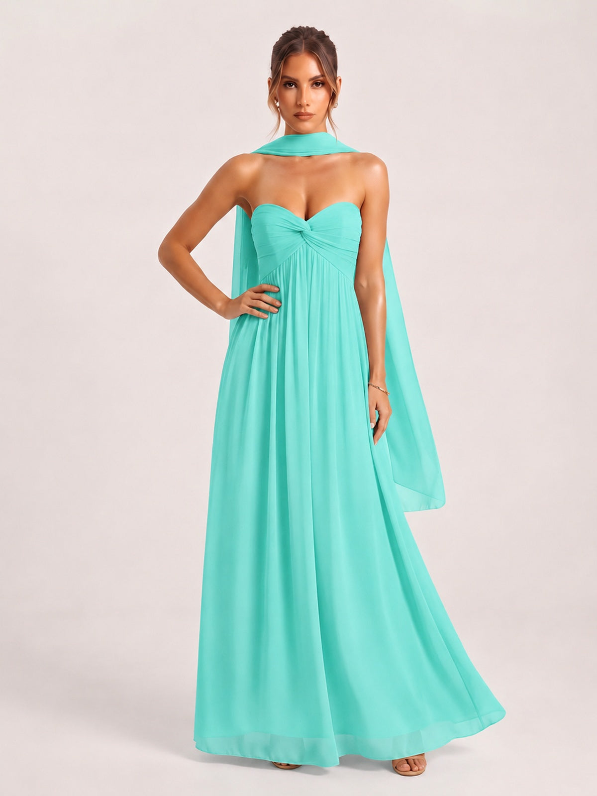 Strapless Ruched Chiffon Long Prom Dress with Scarf