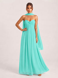 Strapless Ruched Chiffon Long Prom Dress with Scarf