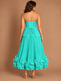 Navy Blue Strapless Pleated A-Line Midi Dress with 3D Floral Applique