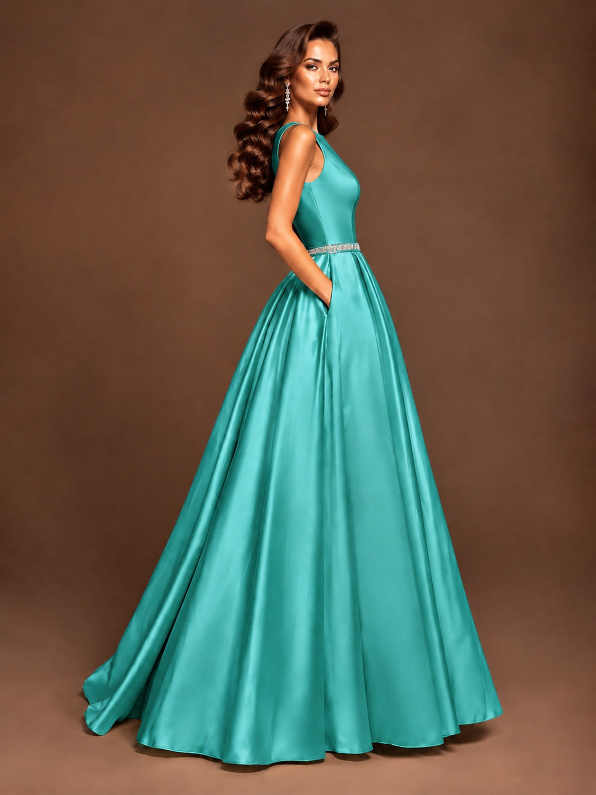 Satin A-Line Prom Dress Sleeveless Beaded Waist Formal Gown with Pockets