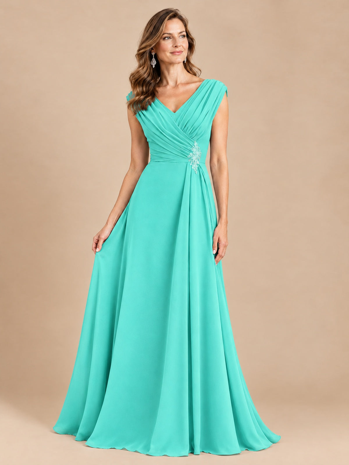 V Neck Pleated Mother of The Bride Dresses with Beading Cap Sleeves
