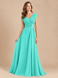 V Neck Pleated Mother of The Bride Dresses with Beading Cap Sleeves