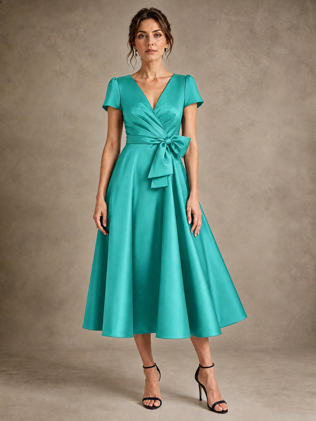 Turquoise V-Neck Tea-Length Satin Mother of the Bride Dress with Bow Jovellee