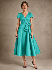 Turquoise V-Neck Tea-Length Satin Mother of the Bride Dress with Bow Jovellee