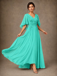 V-Neck Chiffon Lace Mother of the Bride Dress with Flutter Sleeves