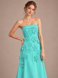 Yellow Strapless 3D Floral Appliques Maxi Dress