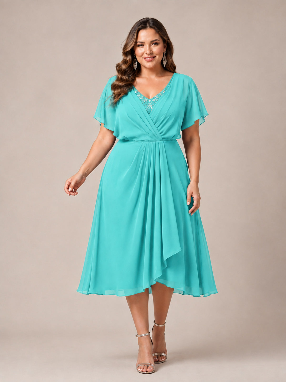Navy Blue A-Line V-Neck Tea-Length Mother of the Bride Dress