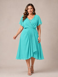 Navy Blue A-Line V-Neck Tea-Length Mother of the Bride Dress