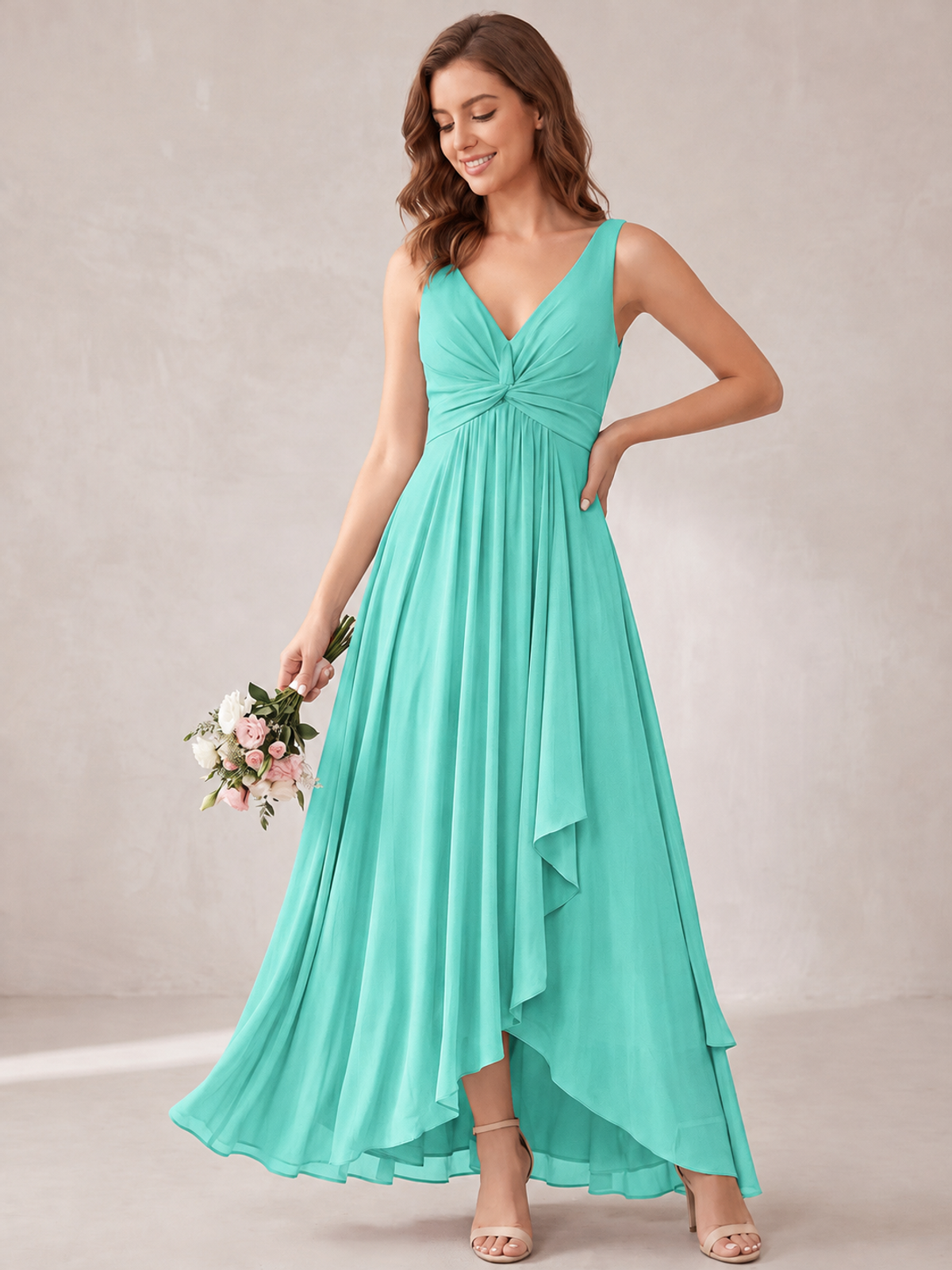 V-Neck High-Low Chiffon Bridesmaid Dress with Ruffles