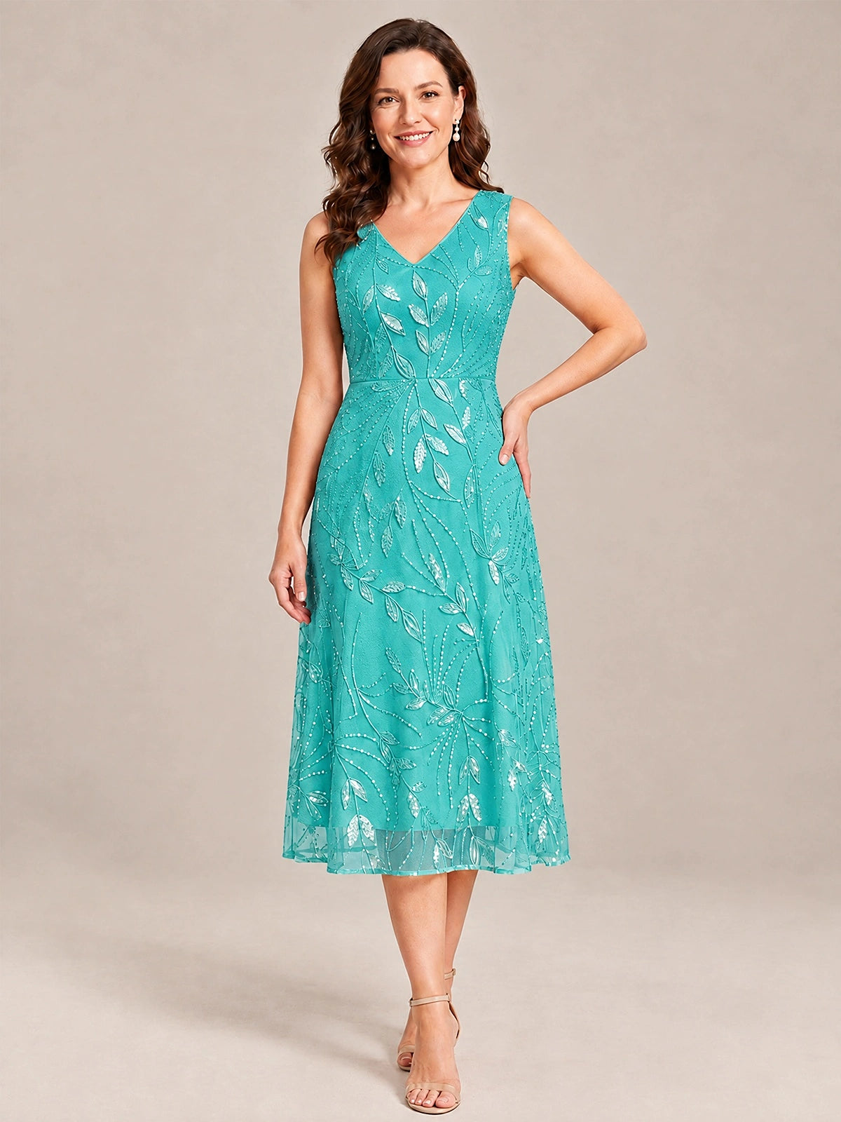 Tea Length Sequin Lace Mother of the Bride Dress with Chiffon Jacket