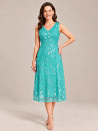 Tea Length Sequin Lace Mother of the Bride Dress with Chiffon Jacket
