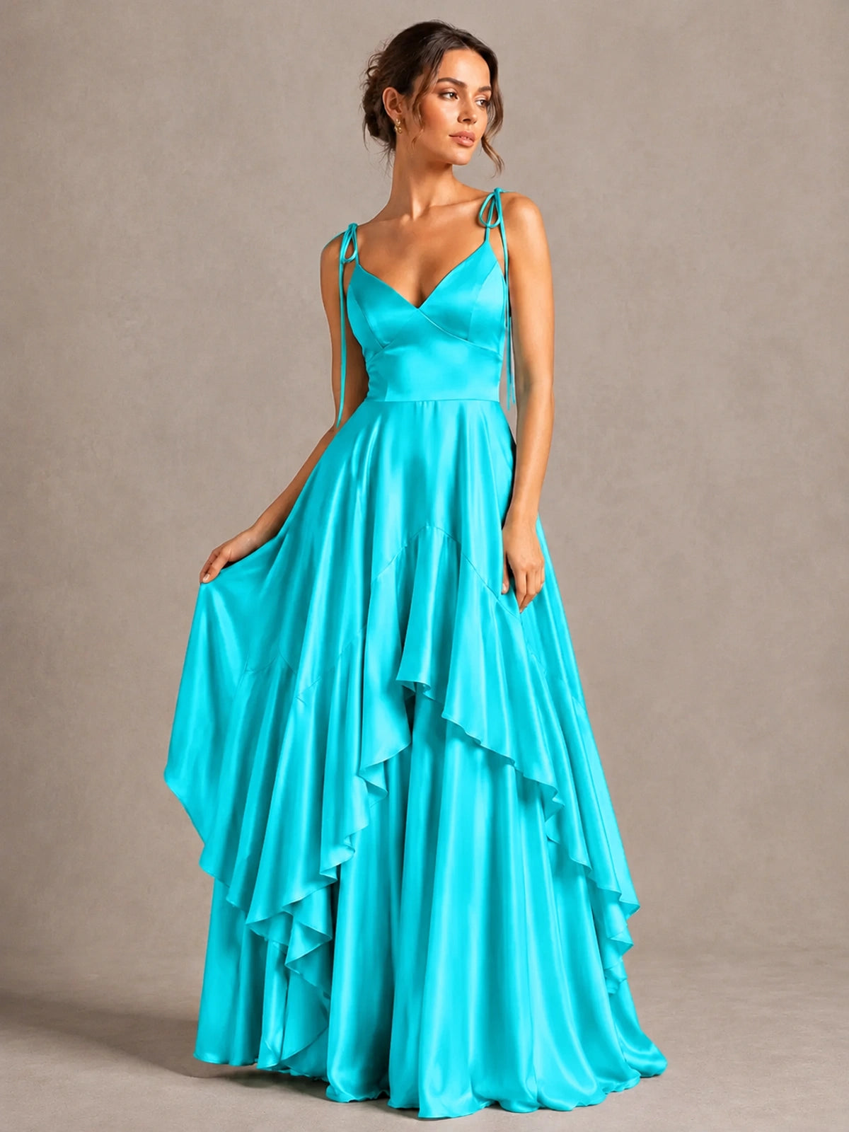 Lavender Satin V-Neck Ruffle Maxi Dress