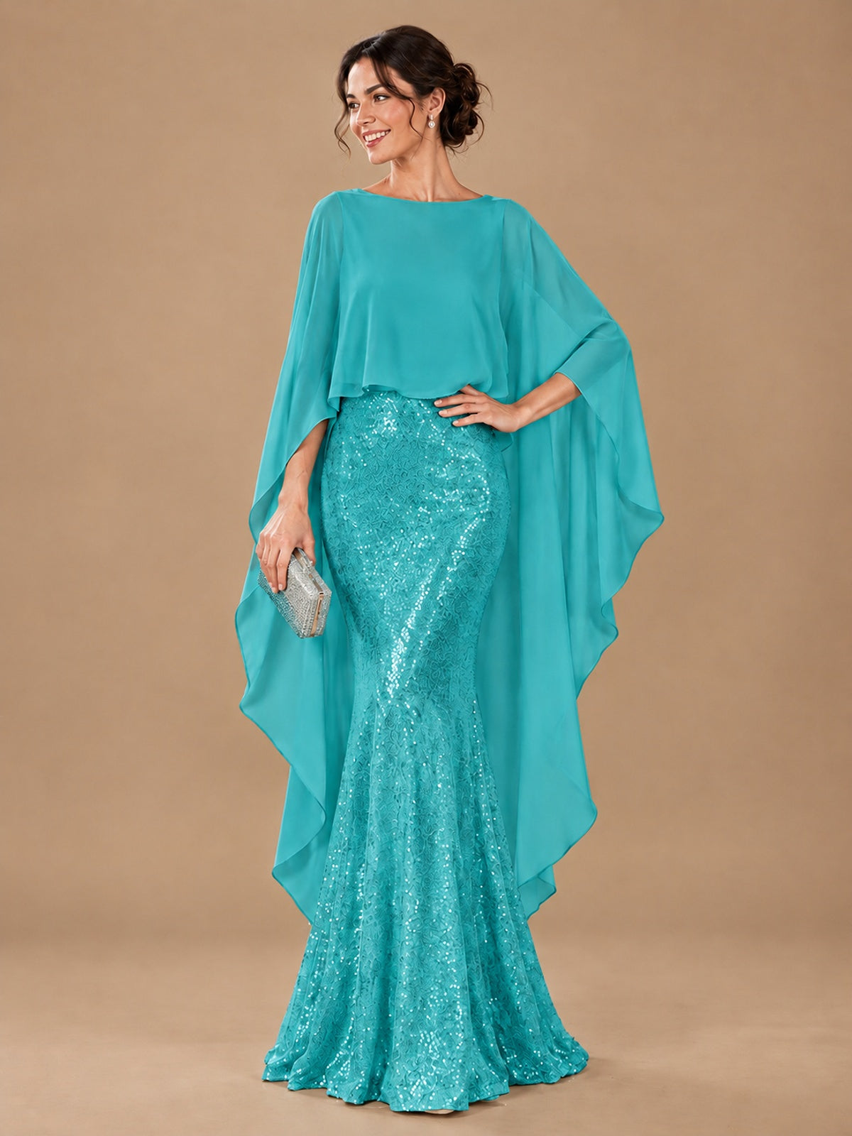 Sequin 2 Pieces Mother of the Bride Dress with Cap Sleeves Chiffon Formal Gowns
