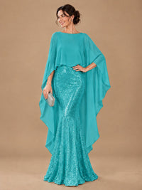 Sequin 2 Pieces Mother of the Bride Dress with Cap Sleeves Chiffon Formal Gowns