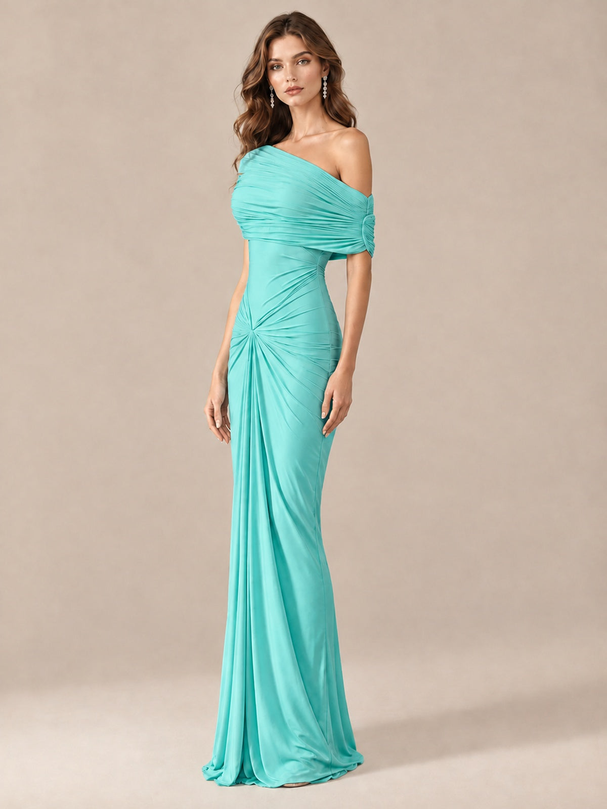Elegant Draped Off Shoulder Ruched Mermaid Chiffon Formal Evening Gown