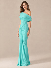 Elegant Draped Off Shoulder Ruched Mermaid Chiffon Formal Evening Gown