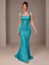 Gold Halter Sequin Mermaid Ruched Prom Dress Long Ruched Evening Gown