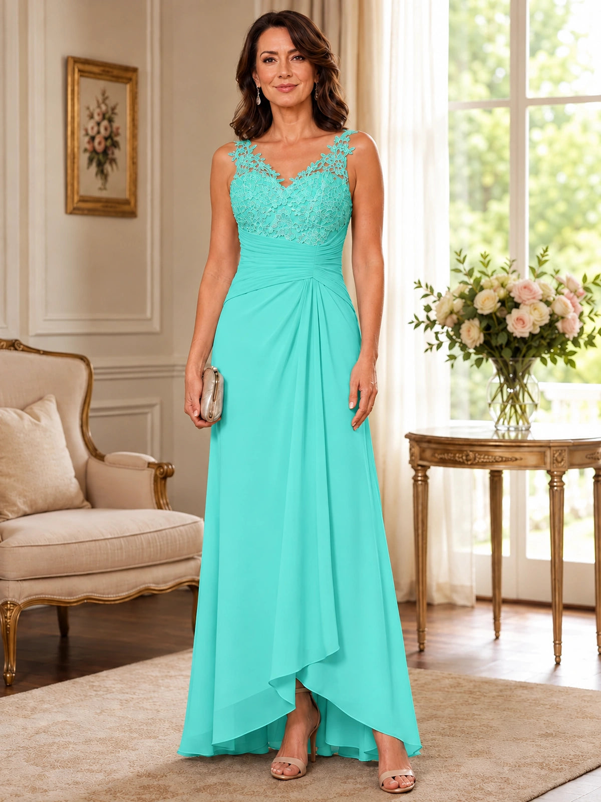 Elegant Chiffon Mother of the Bride Dress with Lace Applique and Cape Sleeves