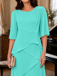 Asymmetric Draped Chiffon Mother of the Bride Dress with Flutter Sleeves