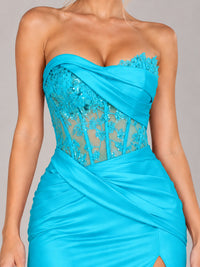 Strapless Satin Prom Dress with Sheer Lace Corset & High Slit