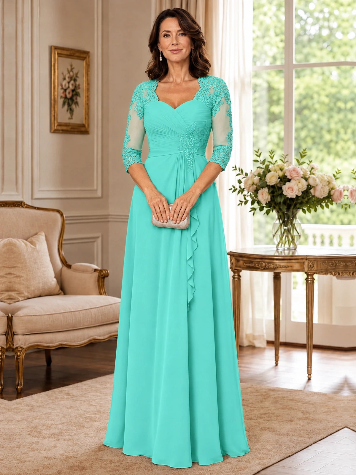 Chiffon Lace Applique Mother of the Bride Dress with 3/4 Sleeves