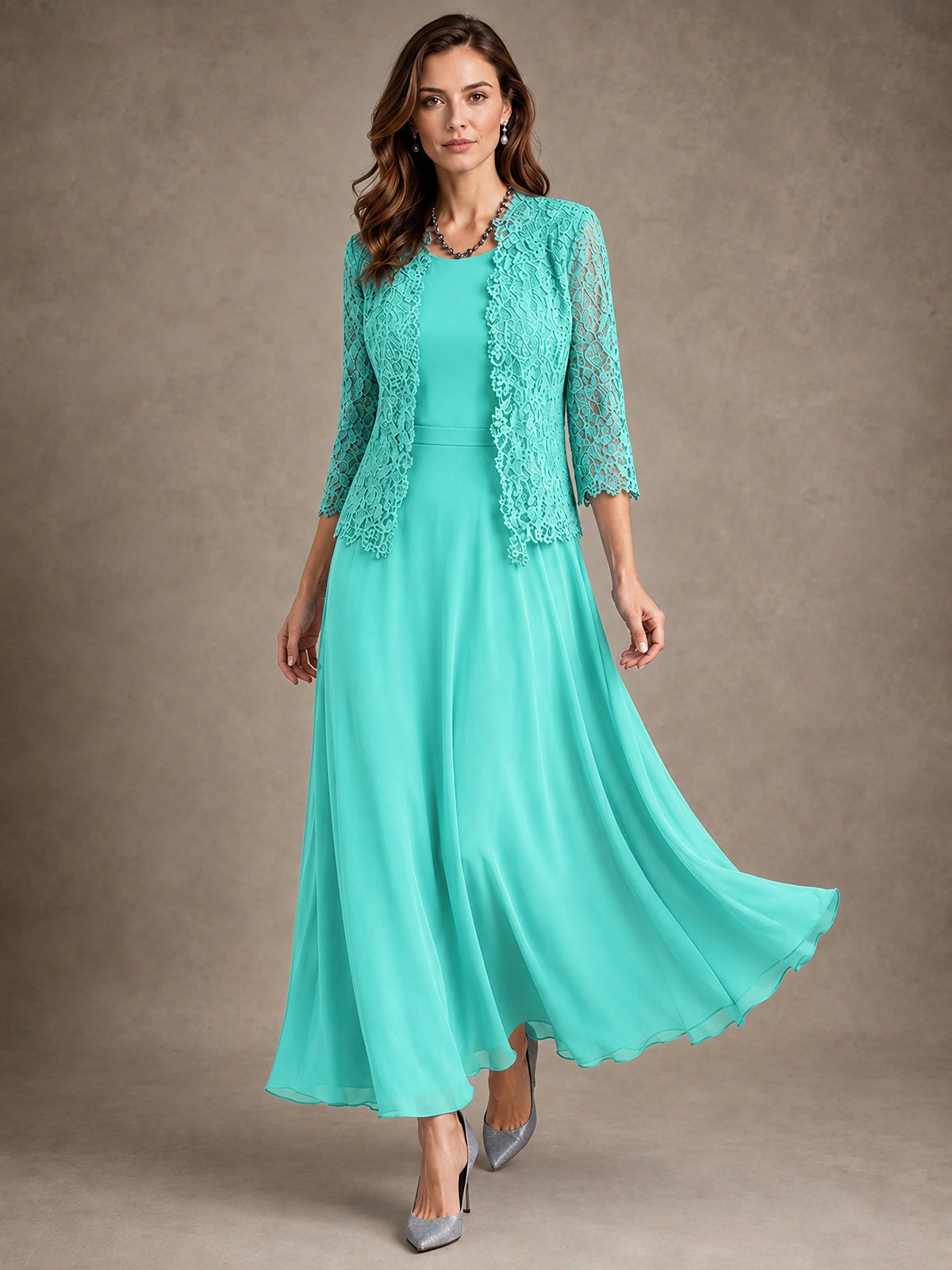 2-Piece Chiffon Mother of the Bride Dress with Lace Jacket
