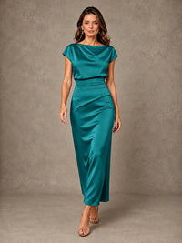 Cowl Neck Satin Mother of the Bride Dress with Ruched Waist