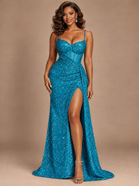 Burgundy Sequin Corset Prom Dress with High Slit