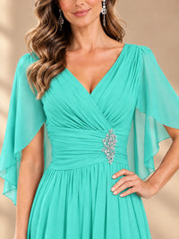Ruched V Neck Mother of The Bride Dresses with Shawls Appliques and Cap Sleeves