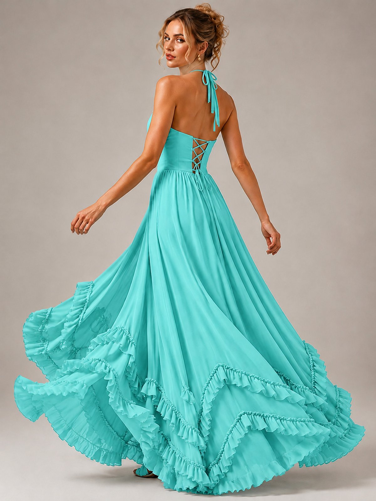 Halter V Neck Chiffon Formal Dress with Lace-Up Back and Ruffle Hem