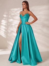 Strapless Corset Satin Prom Dress Long Evening Gown with High Slit