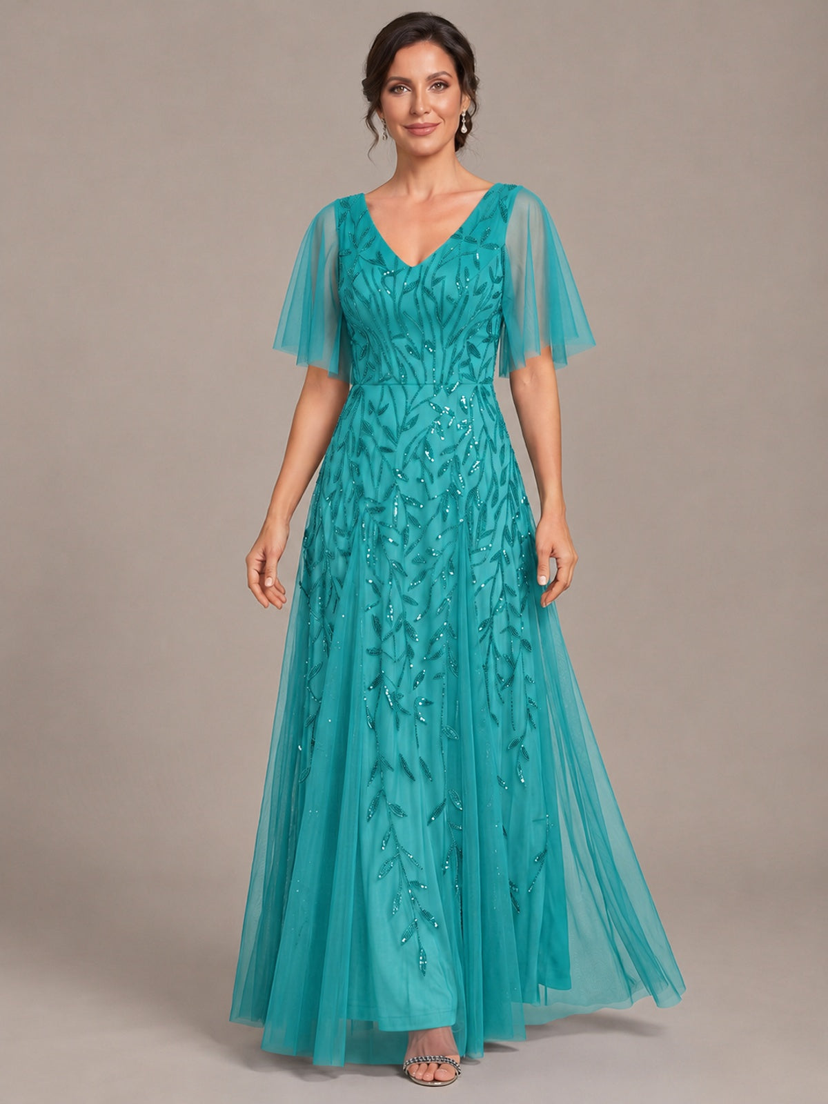 V-Neck Sequin Tulle Mother of the Bride Dress with Flutter Sleeve