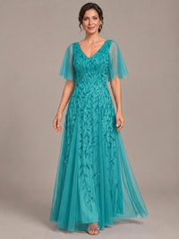 V-Neck Sequin Tulle Mother of the Bride Dress with Flutter Sleeve