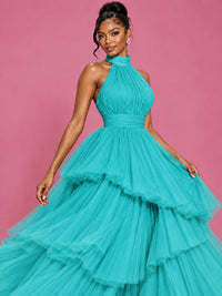 Hot Pink Tulle Halter Neck Tiered Ruffle Maxi Dress