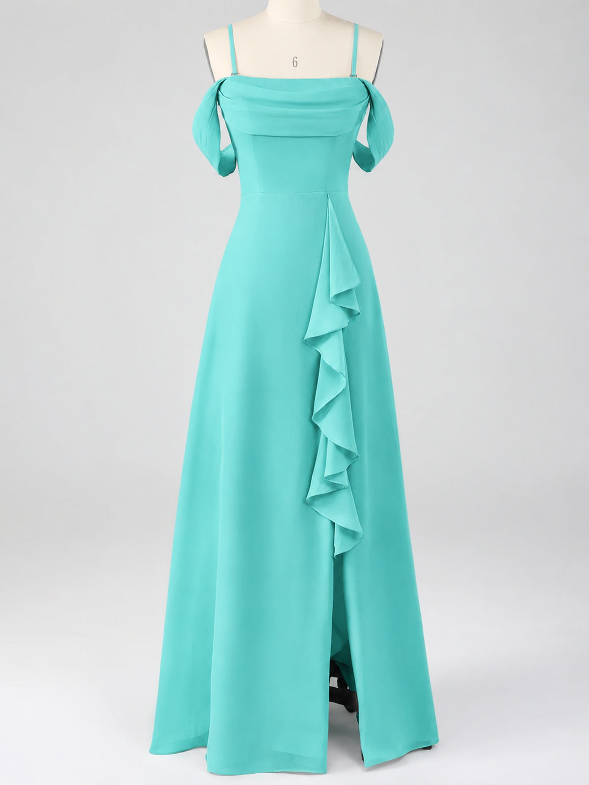 Spaghetti Strap Chiffon Bridesmaid Dress with Ruffles Slit