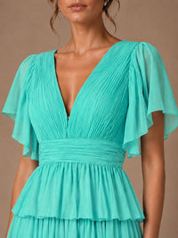 Chiffon V-Neck Tiered Ruffle Bridesmaid Dress with Slit