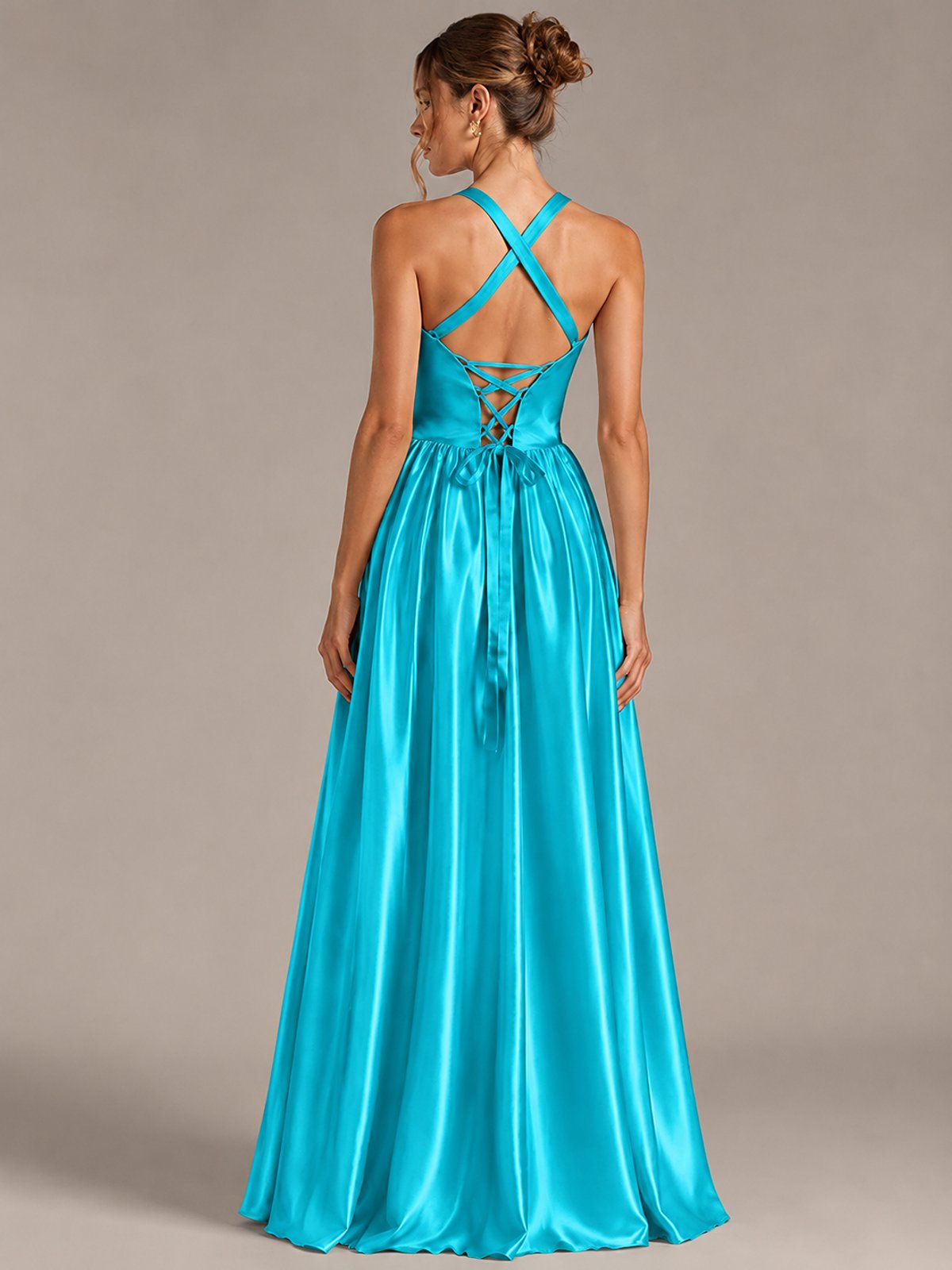 Light Yellow Halter Neck Satin A-Line Maxi Dress with Pockets