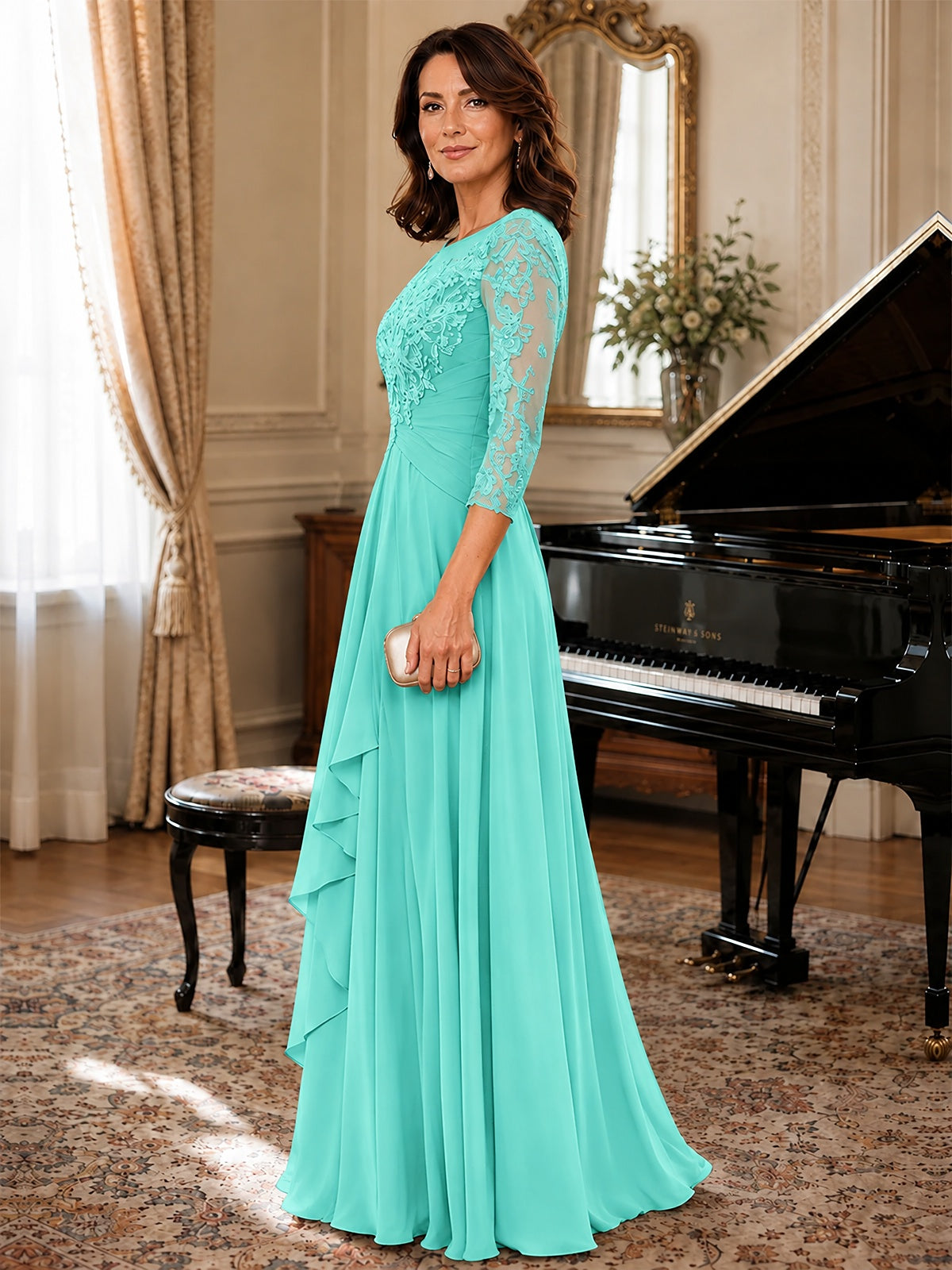 A-Line Chiffon Mother of the Bride Dress with Floral Applique 3/4 Sleeves