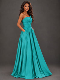 Draped Satin Prom Dress Strapless A-line Formal Dress Floor Length