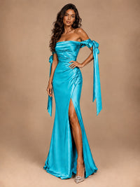 Off The Shuolder Satin Prom Dress Slit Mermaid Formal Gowns