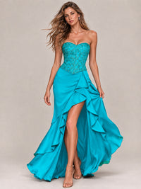 Strapless Lace Appliques Corset Satin Prom Dress Ruffle Slit Evening Gown