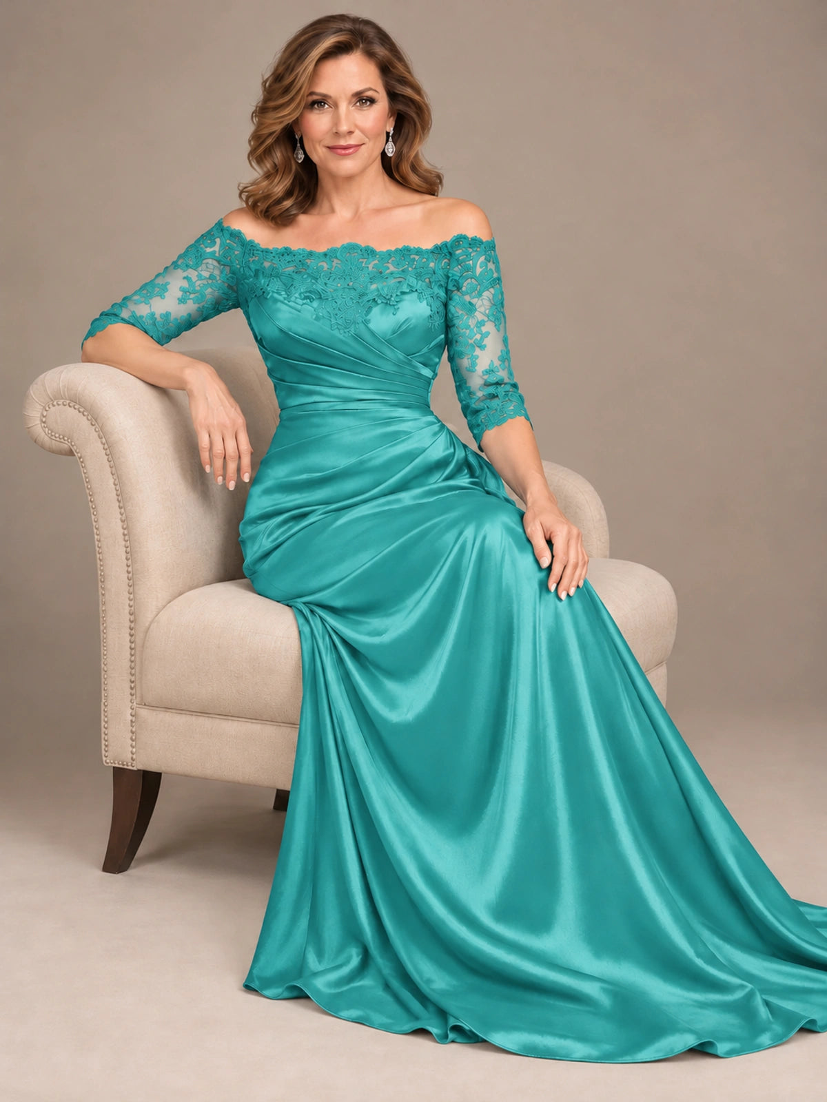 Satin Mother of the Bride Dress with Lace Sleeves Off Shoulder Formal Gown
