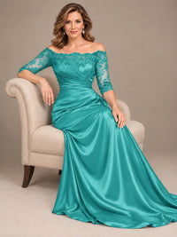 Satin Mother of the Bride Dress with Lace Sleeves Off Shoulder Formal Gown