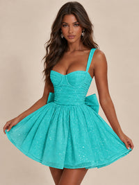 Sweetheart Glitter Tulle Puffy Mini Dress with Bow