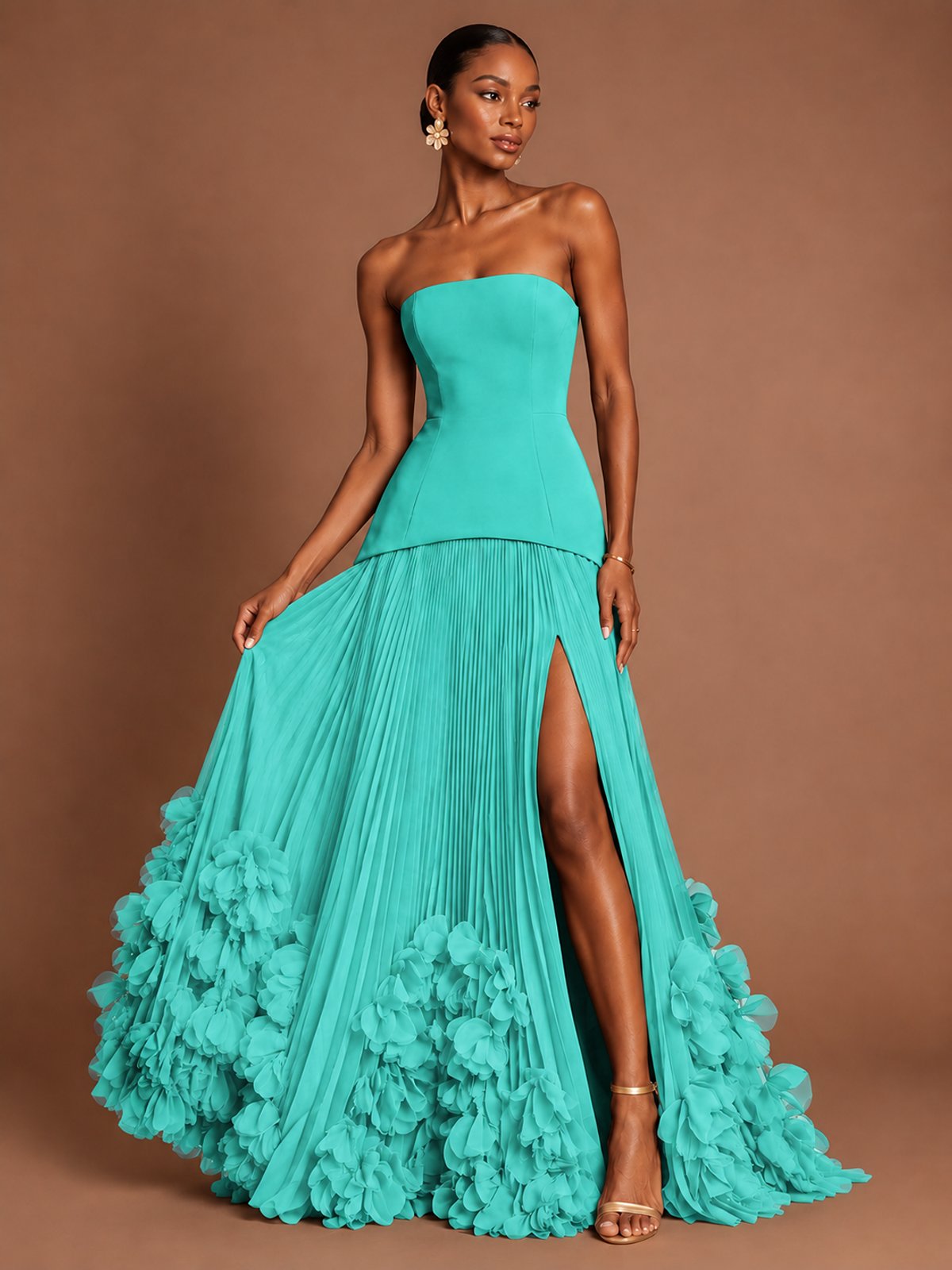 Strapless Pleated Floral Satin Formal Dress with Side Slit