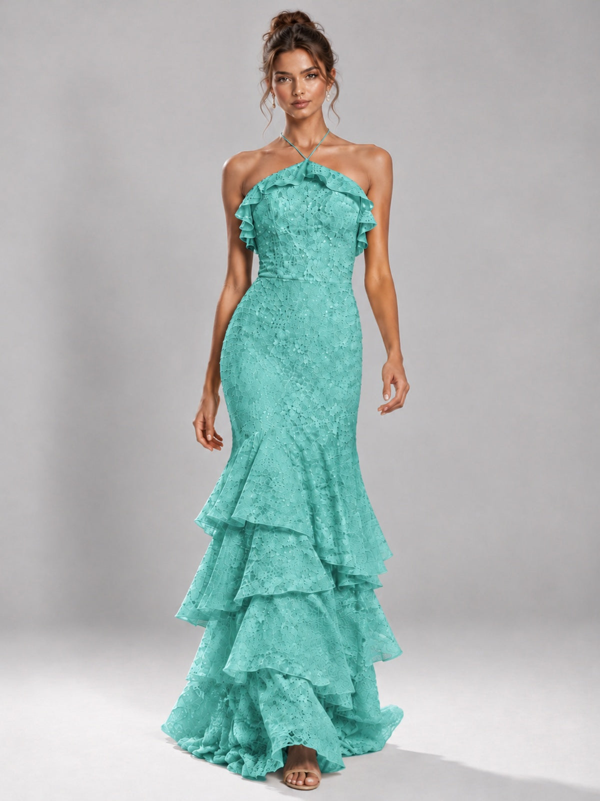 Halter Tiered Mermaid Prom Dress with Sparkly Lace
