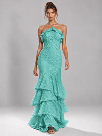 Halter Tiered Mermaid Prom Dress with Sparkly Lace