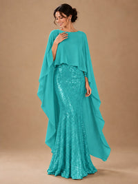 Sequin 2 Pieces Mother of the Bride Dress with Cap Sleeves Chiffon Formal Gowns